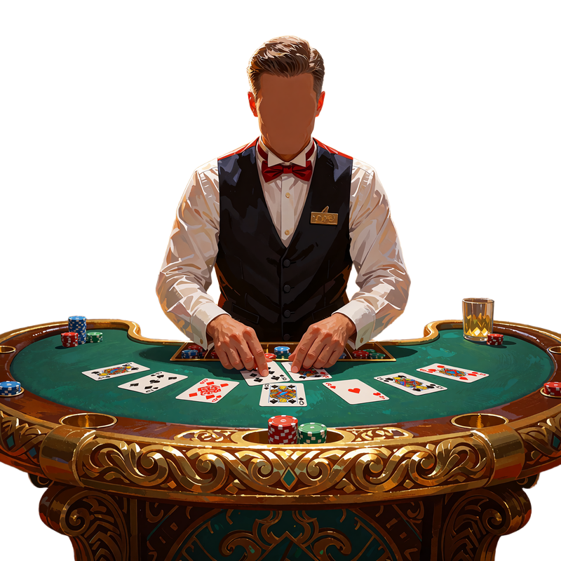 Krupier w muszce rozdaje karty przy zielonym stole ze złotą krawędzią - kasyno na żywo Sankra Casino