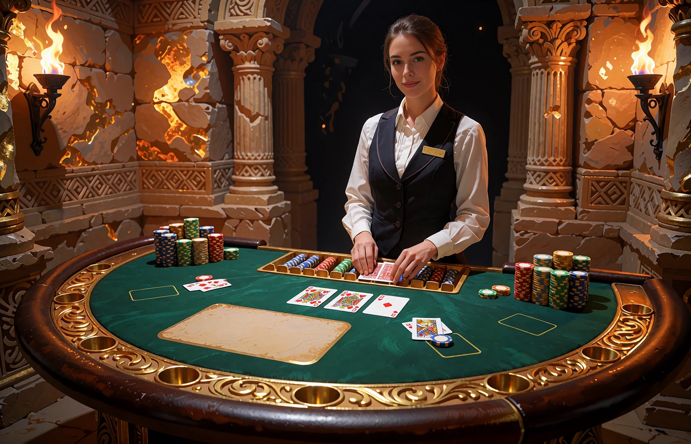 Krupierka rozdaje karty przy stole z zielonym filcem w kamiennej komnacie kasyna na żywo Sankra Casino